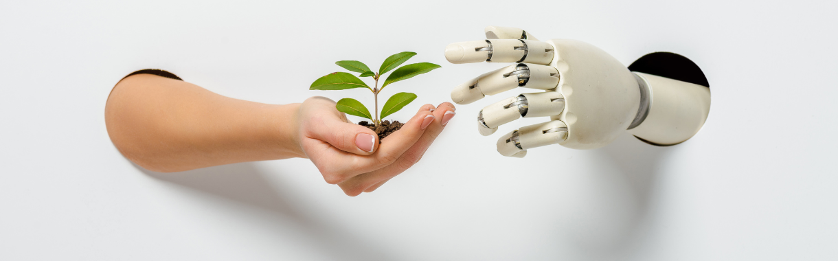 Mano y robot intercambiando planta